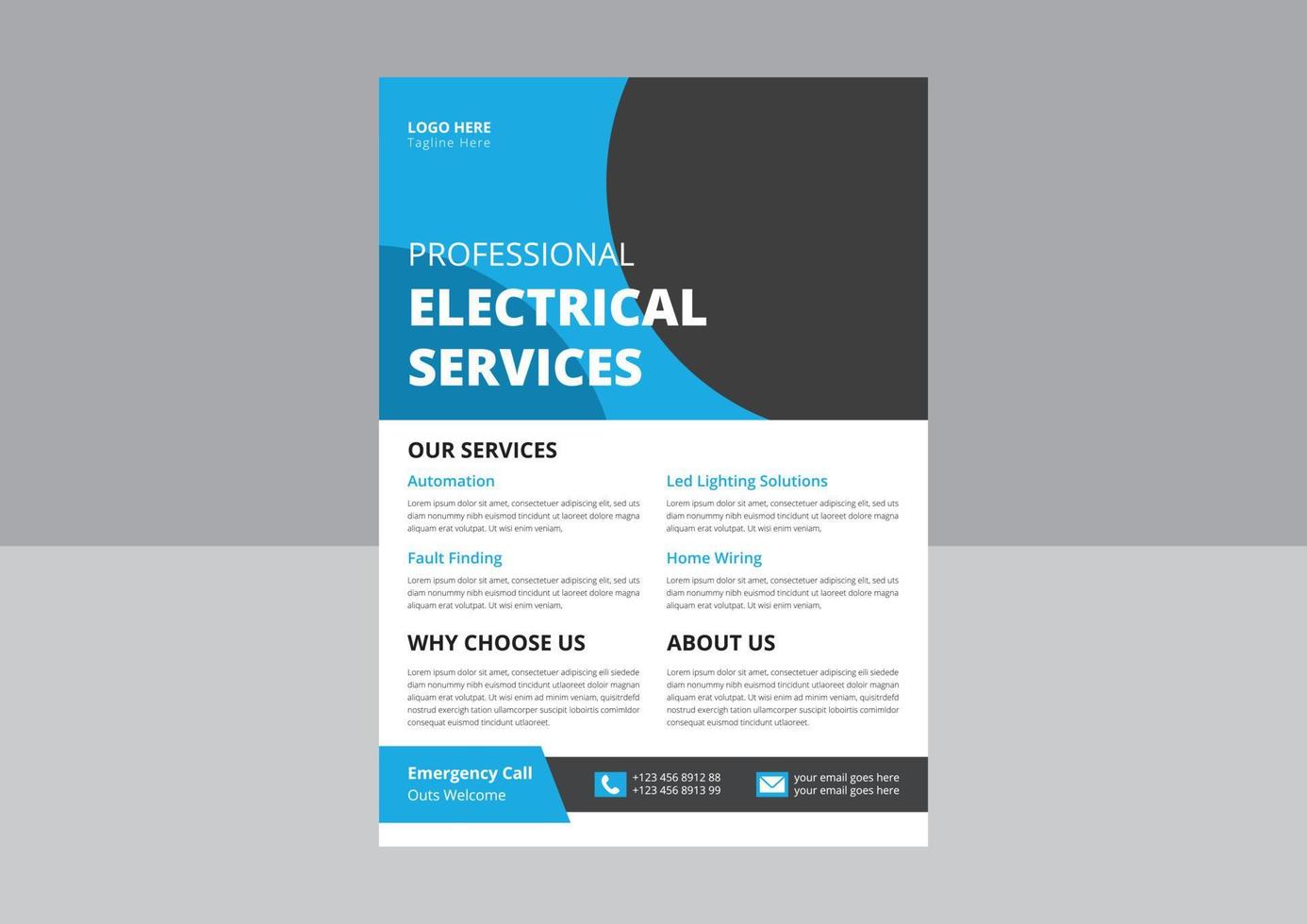 professionele elektrische serviceposter en flyer. elektricien en elektriciteitsbedrijf flyer, huishoudapparatuur reparatie service flyer. vector