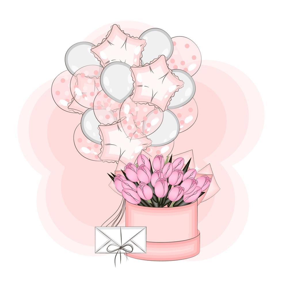 schattige ballonnen met tulp bloemen en een brief, mode vectorillustratie vector