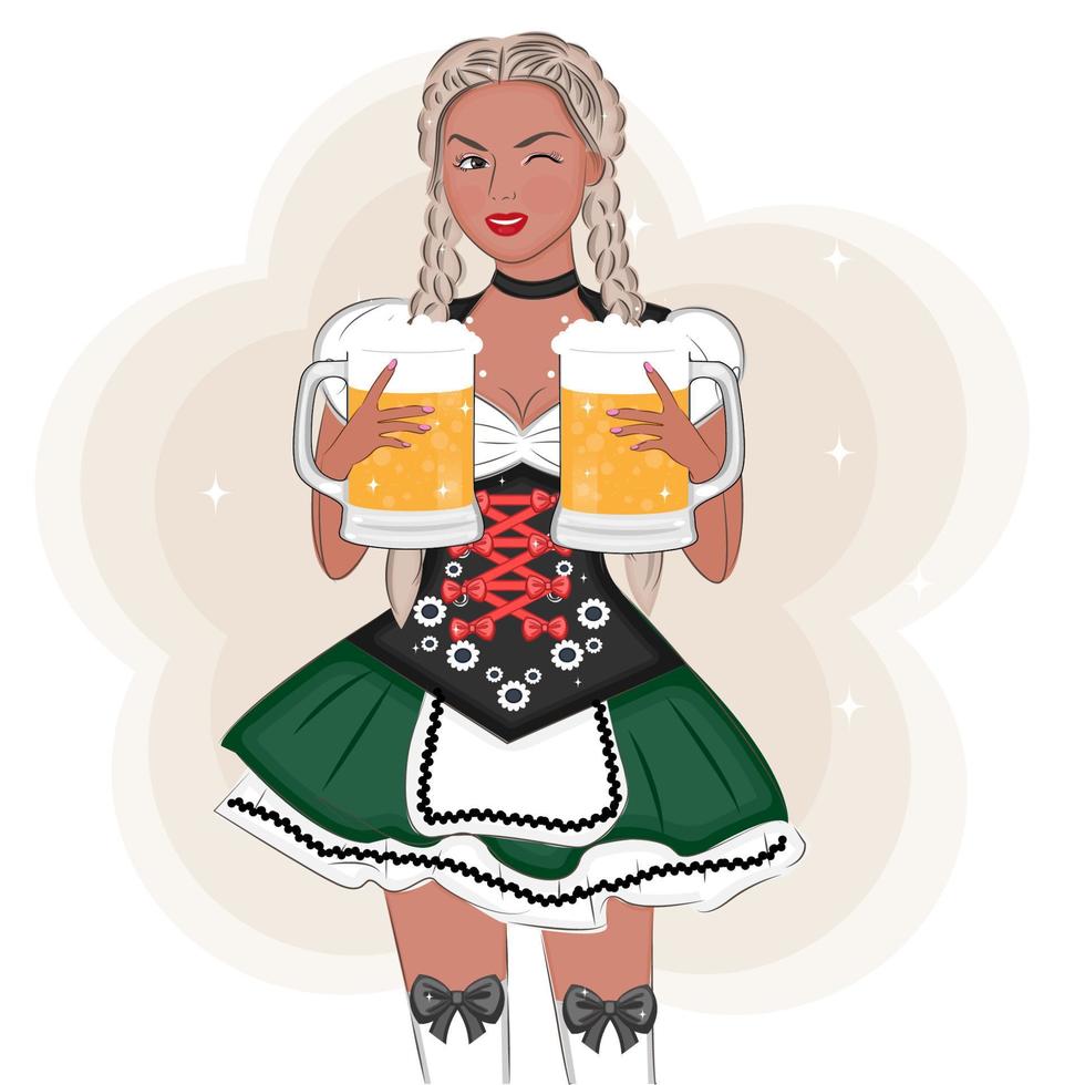 meisje in traditionele kledij met bier vieren oktoberfest, vectorillustratie vector