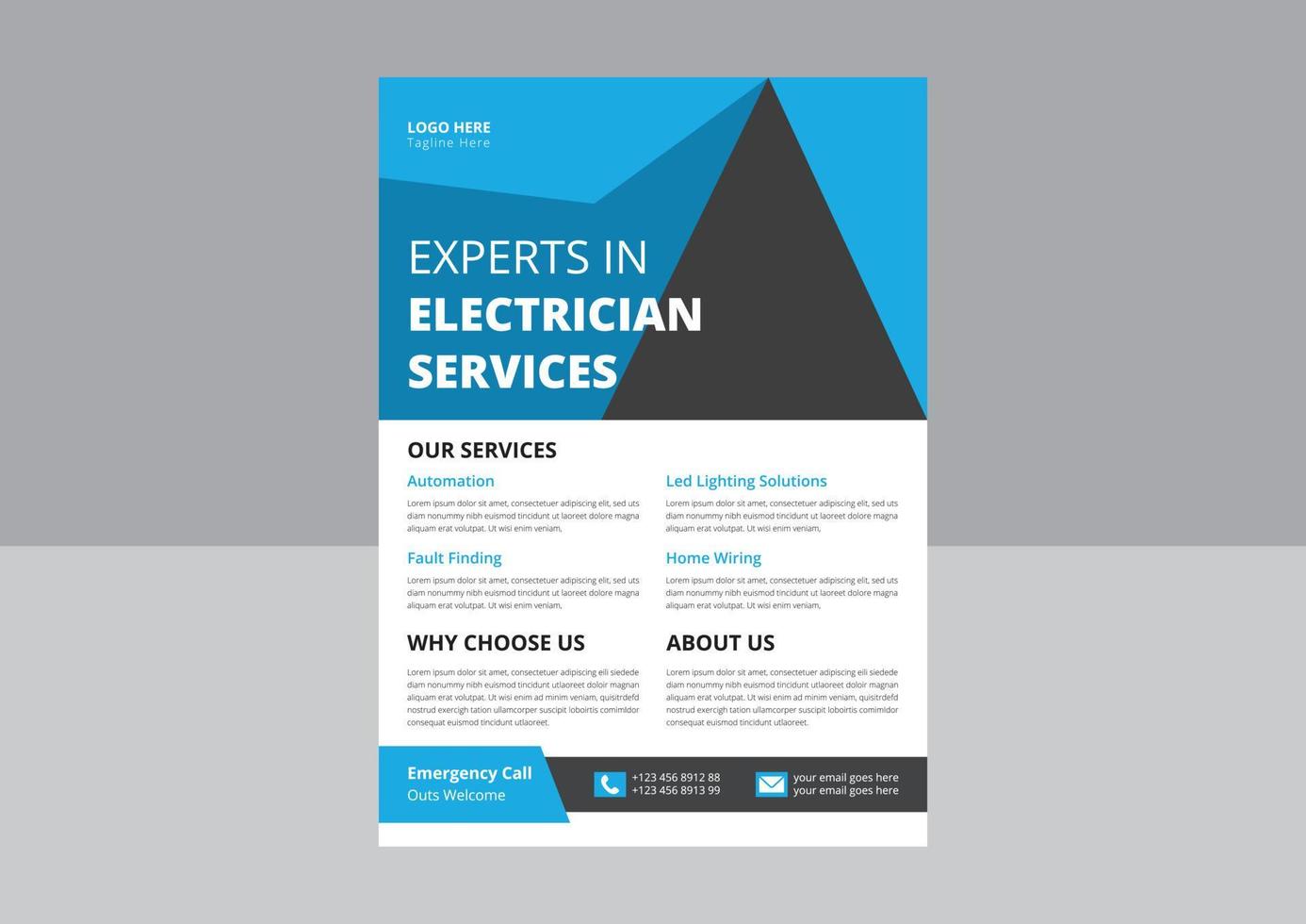 professionele elektrische serviceposter en flyer. elektricien en elektriciteitsbedrijf flyer, huishoudapparatuur reparatie service flyer. vector