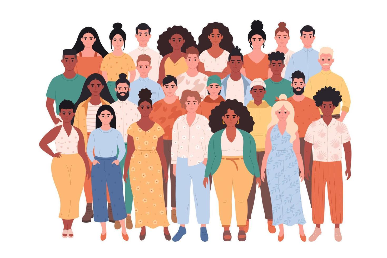 menigte van verschillende mensen van verschillende rassen, lichaamstypes. sociale diversiteit van mensen in de moderne samenleving. vector