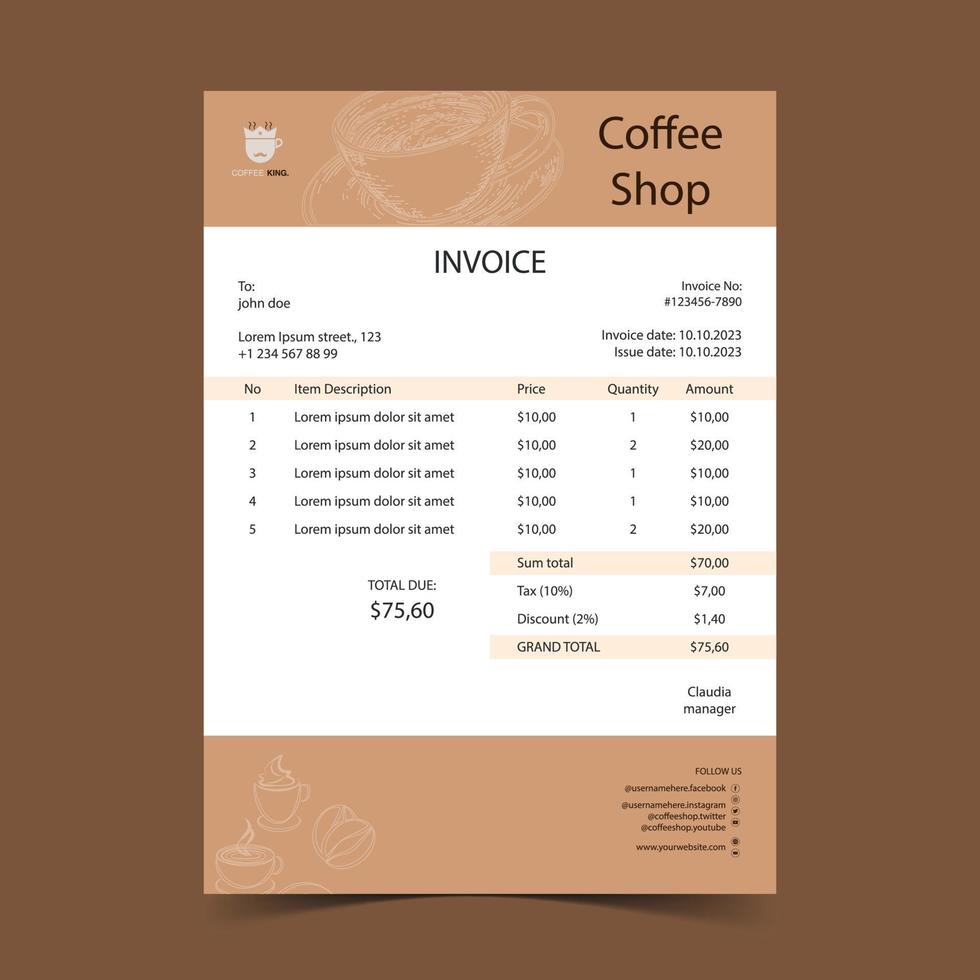 professionele coffeeshop factuursjabloon. ontwerp voor ontvangst, factuur, briefpapier, bestelformulier, proforma. print klaar en bewerkbare vector sjabloon gratis vector