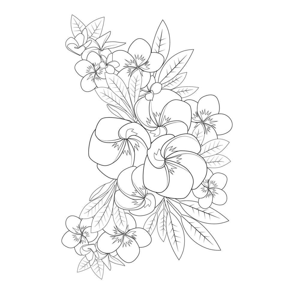 Plumeria bloem doodle kleurplaat pagina overzicht vectorillustratie van geïsoleerd op witte achtergrond vector