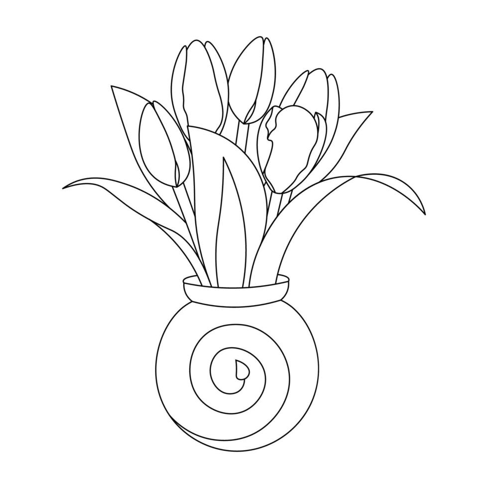 bloemenvaas decoratie van tulp bloem kleurplaat element met grafisch illustratieontwerp vector