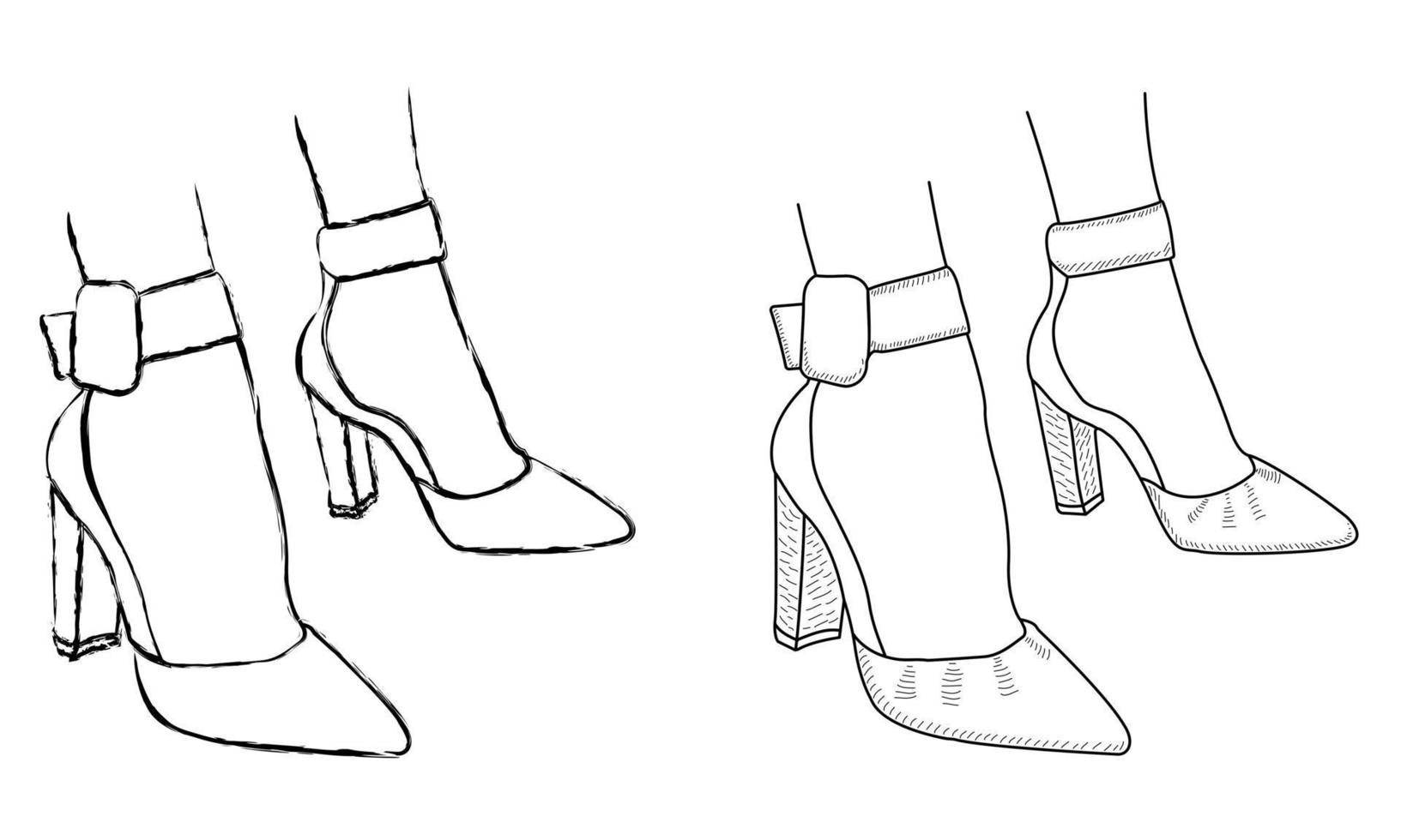 tekening schets schets van het silhouet van modieuze damesschoenen, enkelband, mary jane. lijnstijl en penseelstreken vector