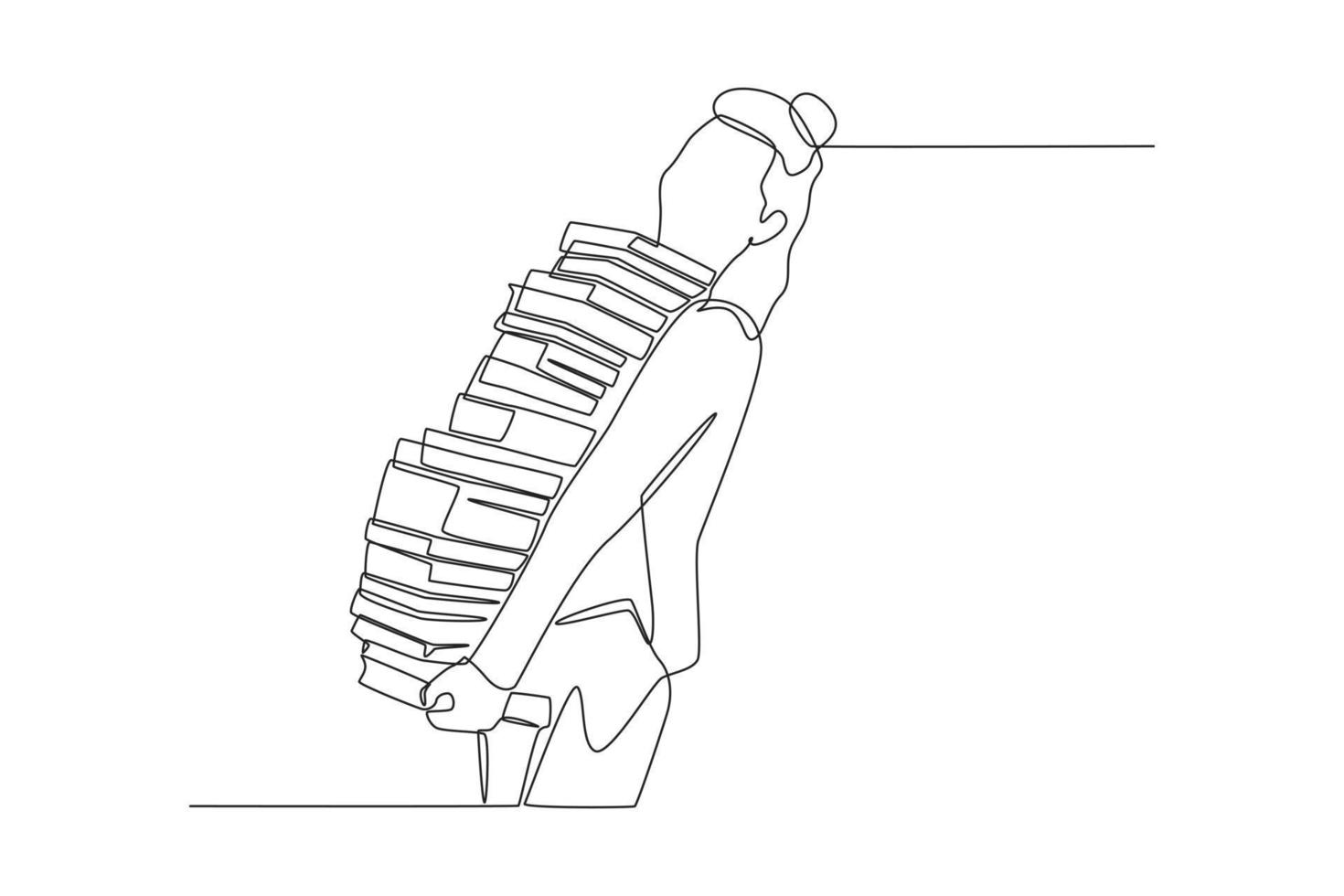 enkele een lijntekening jonge vrouwelijke student met stapel boeken op de rug. boeken liefhebbers dag concept. enkele lijn tekenen ontwerp vector grafische afbeelding.