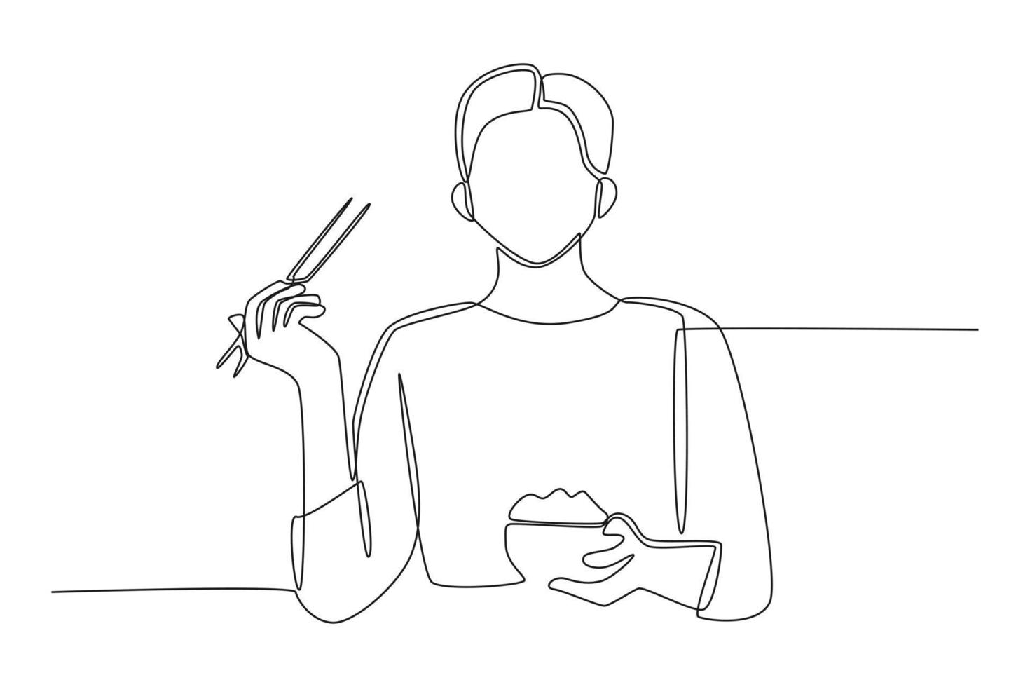 continue een lijntekening aziatische vrouw die rijst in een kom eet terwijl hij zijn eetstokjes omhoog steekt en wijst. eten activiteit concept. enkele lijn tekenen ontwerp vector grafische afbeelding.