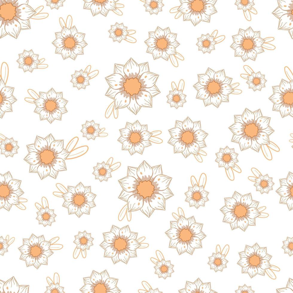 naadloos patroon met herfst omzoomde abstracte bloemen in warme kleuren en gele bladeren geïsoleerd op een witte achtergrond in platte cartoonstijl vector