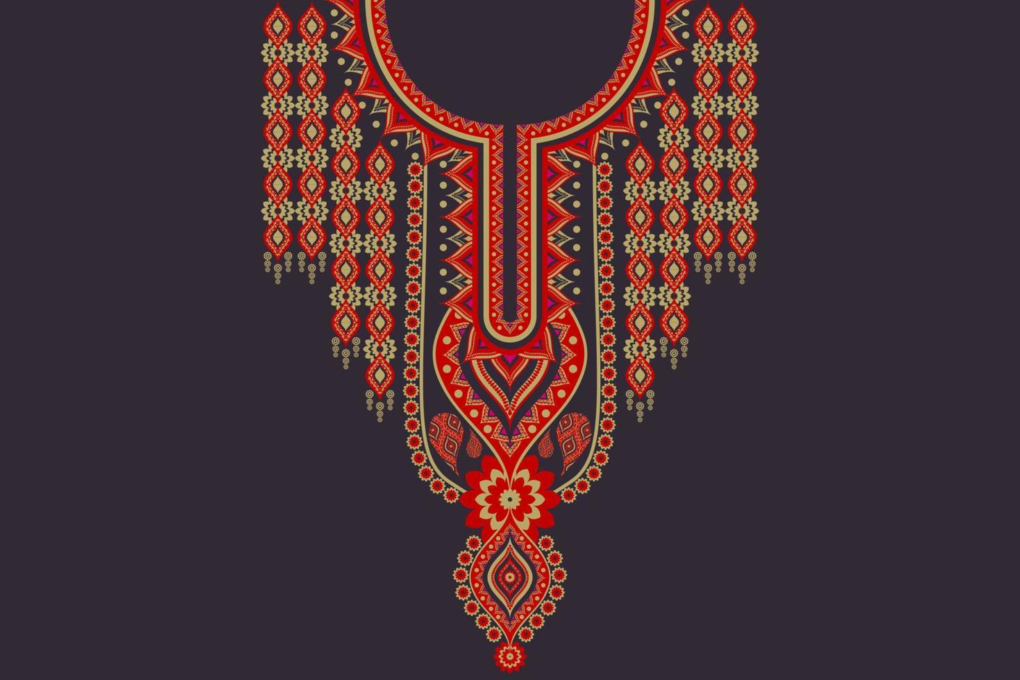 etnische hals borduurwerk bloem rood-goud kleur Indiase stijl op zwarte achtergrond. elegante tribale kunst shirts mode. vector