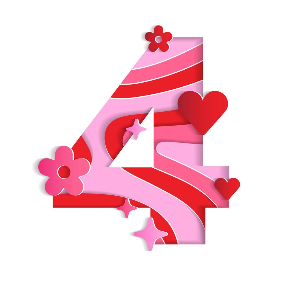 4 numeriek Valentijnsdag liefde abstract karakter doopvont nummer papier levendig bloem hart fonkeling glans rood roze berg aardrijkskunde contour kaart 3d laag papier knipsel kaart webbanner vectorillustratie vector