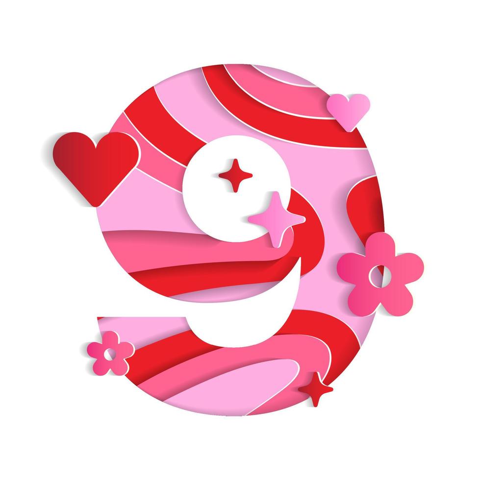 9 numeriek Valentijnsdag liefde abstract karakter doopvont nummer papier levendig bloem hart fonkeling glans rood roze berg aardrijkskunde contour kaart 3d laag papier knipsel kaart webbanner vectorillustratie vector