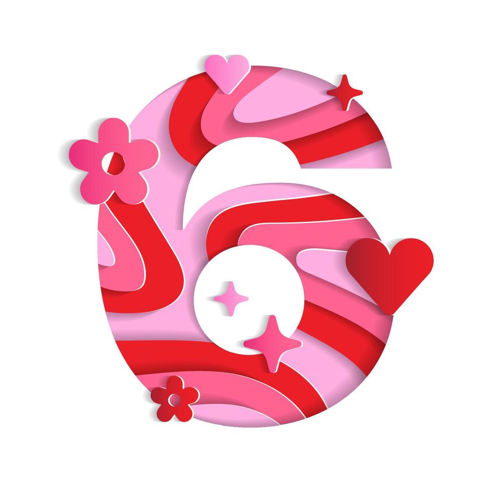 6 numeriek Valentijnsdag liefde abstract karakter doopvont nummer papier levendig bloem hart fonkeling glans rood roze berg aardrijkskunde contour kaart 3d laag papier knipsel kaart webbanner vectorillustratie vector