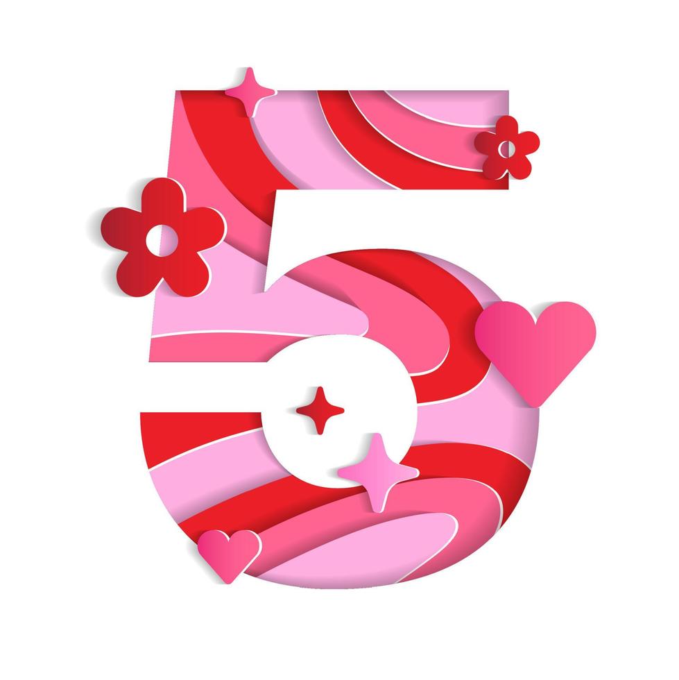 5 numeriek Valentijnsdag liefde abstract karakter doopvont nummer papier levendig bloem hart fonkeling glans rood roze berg aardrijkskunde contour kaart 3d laag papier knipsel kaart webbanner vectorillustratie vector