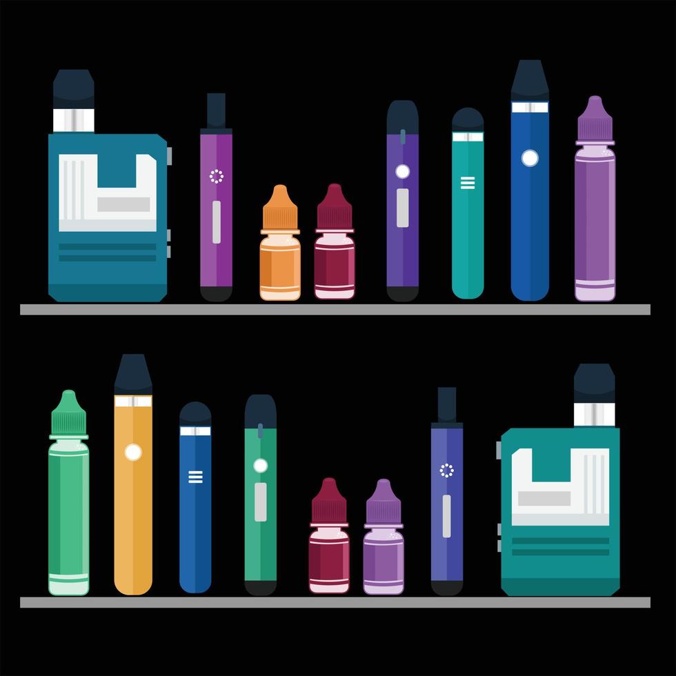 elektronische sigaretten en vloeibare plastic flessenset. e-sigaret om te dampen. kleurrijk ontwerp vector