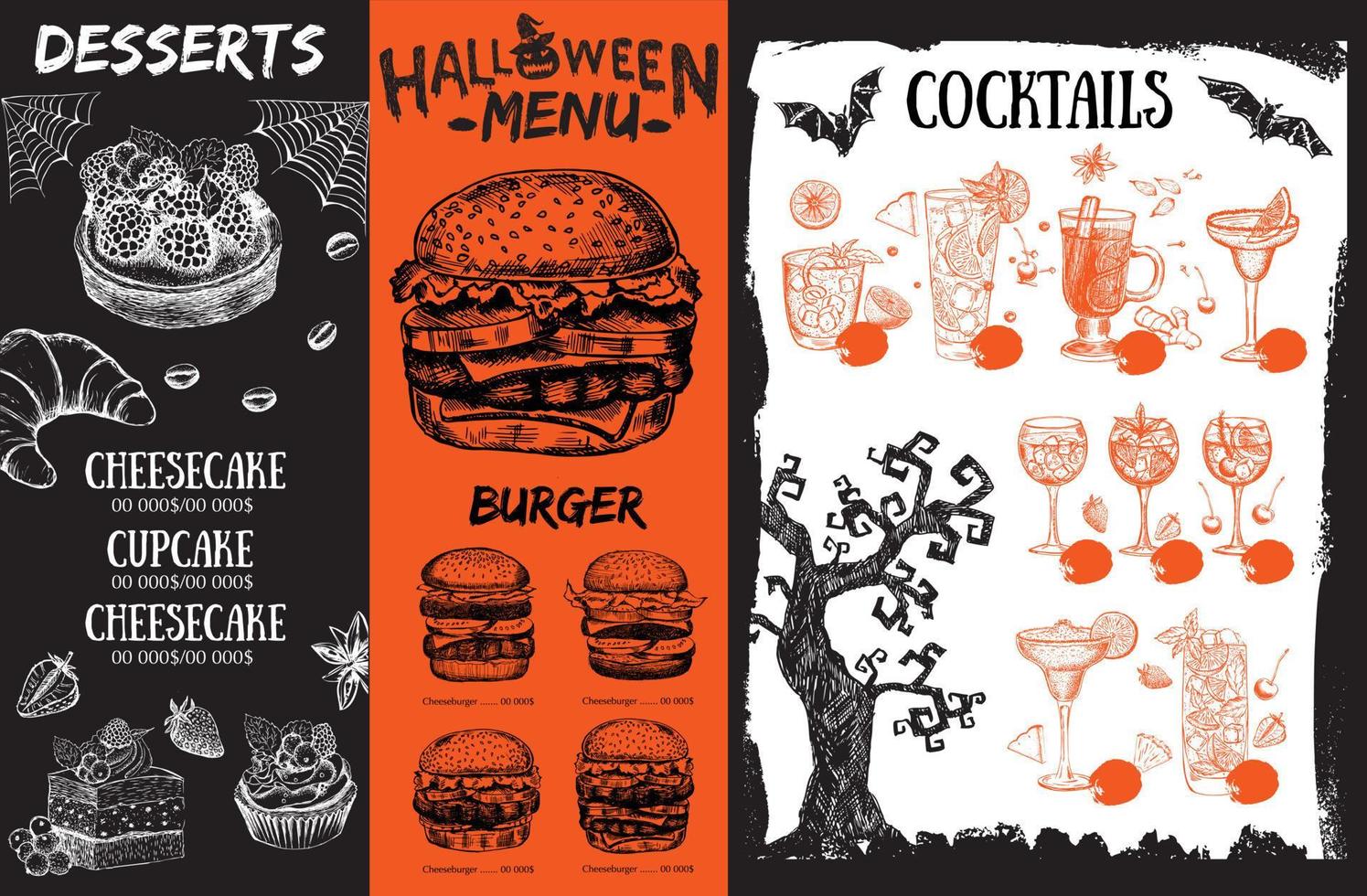 restaurant café-menu, sjabloonontwerp, halloween-menu, voedselflyer. vector