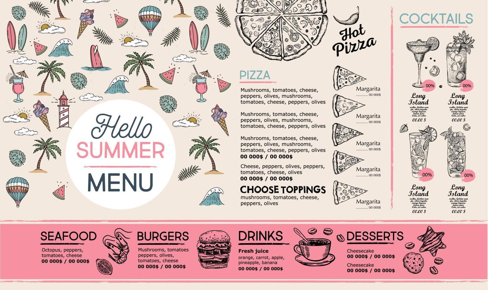 zomermenu, sjabloonontwerp. voedsel folder. handgetekende stijl. vectorillustratie. vector