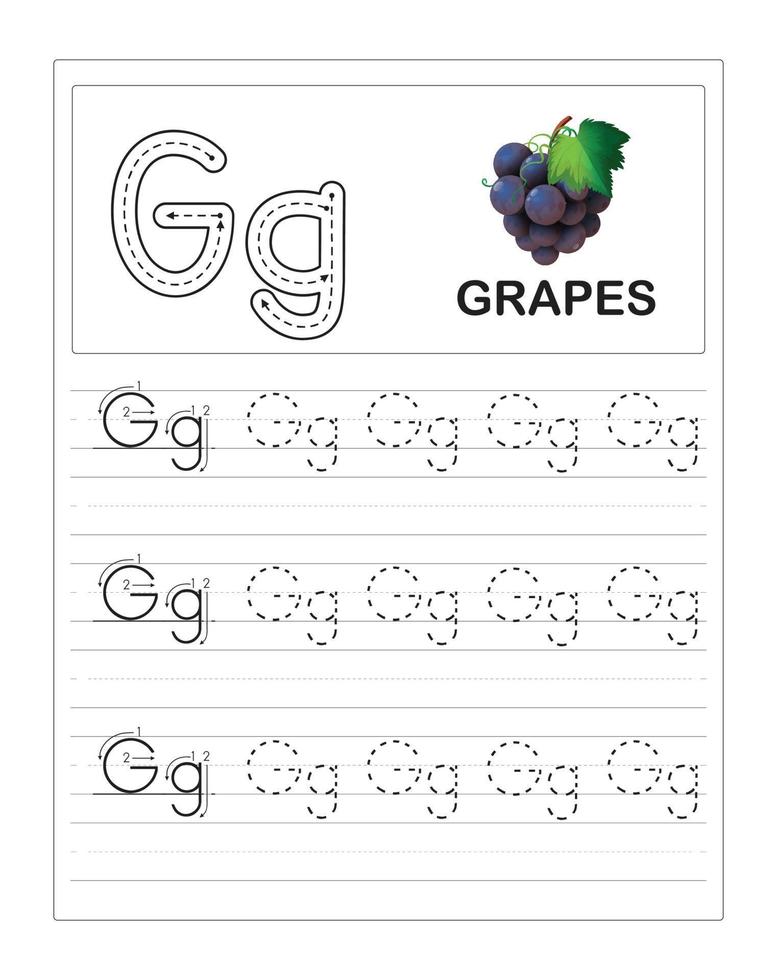 oefenwerkbladen voor kleurrijke alfabetten voor kinderen, g is voor druiven vector