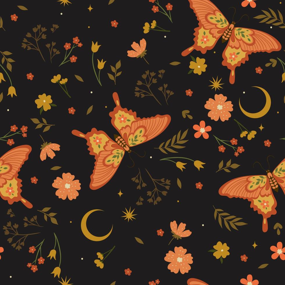 naadloos patroon met vlinders en bloemen in vectorafbeeldingen in boho-stijl. vector