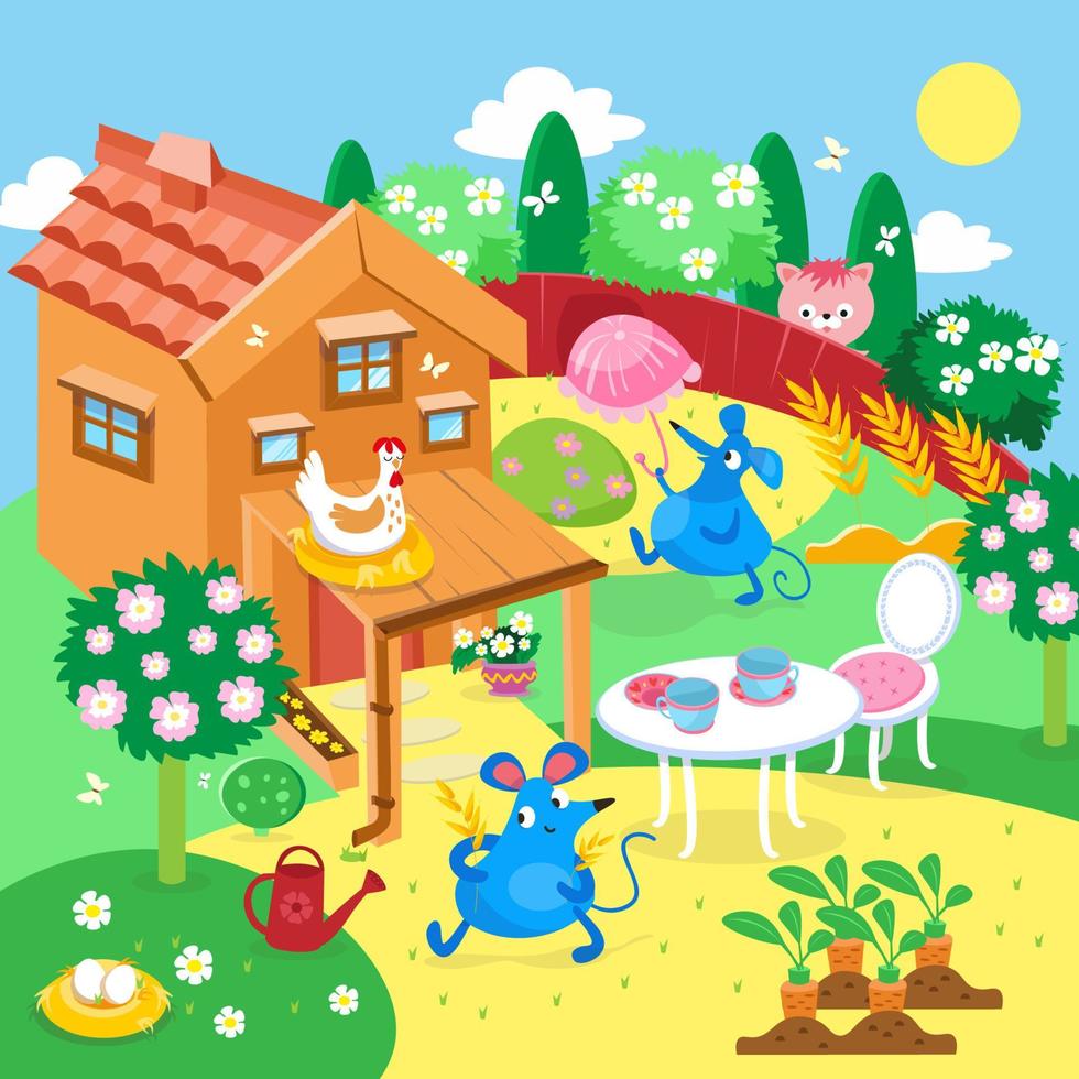schattige muizen in de buurt van huis in de zomertuin. cartoon-stijl. vector kleur illustratie. afbeelding voor werkbladen, boeken, puzzels.