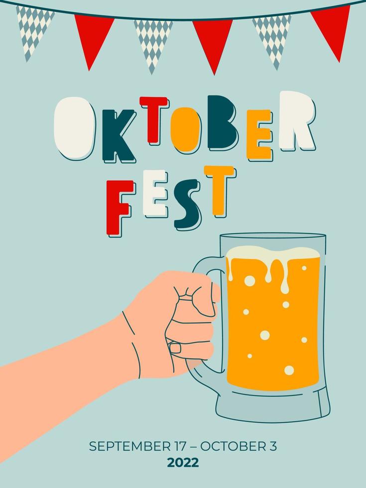 man s hand met glas bier. banner ontwerpsjabloon voor oktoberfest. kleurrijke sjabloon voor poster, banner, tijdschrift eerste pagina, folder, zakelijke flyer. promotie concept kaart. vector