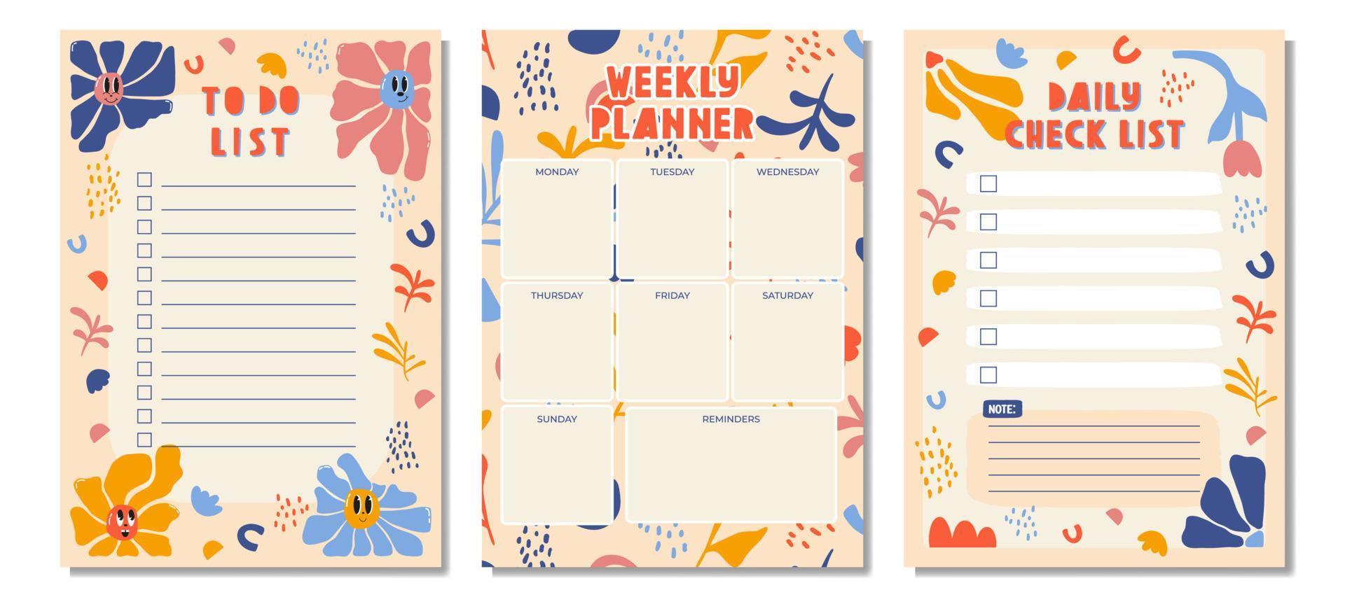 dagelijkse checklistplanner, notitiepapier, weekplanner, takenlijst versierd met schattige cartoonkrabbelbloemen en botanische illustraties. schoolplanner en organisator. platte vector