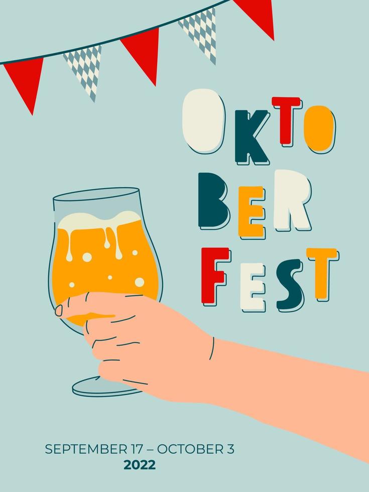 man s hand met glas bier. banner ontwerpsjabloon voor oktoberfest. kleurrijke sjabloon voor poster, banner, tijdschrift eerste pagina, folder, zakelijke flyer. promotie concept kaart. vector