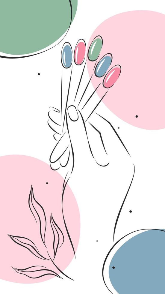 mooie vrouwelijke handen met kleurstalen nagellak. ontwerp lay-out nagelstudio voor posts en verhalen op sociale media, mobiele apps. vectorillustraties vector