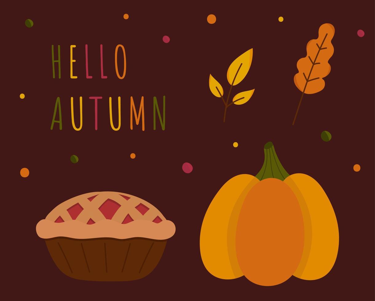 herfst set geïsoleerde pompoen, bessentaart, bladeren. vector gezellige wenskaart Hallo herfst. dankzegging, halloween-stickers.