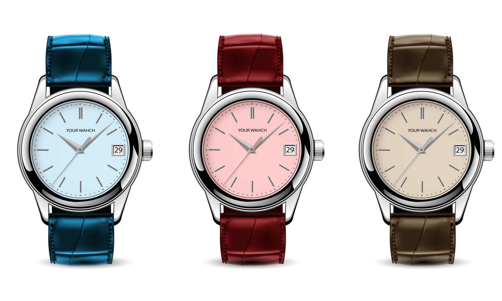 realistische horloge klok zilver lederen band blauw rood bruin collectie op wit design klassieke luxe vector