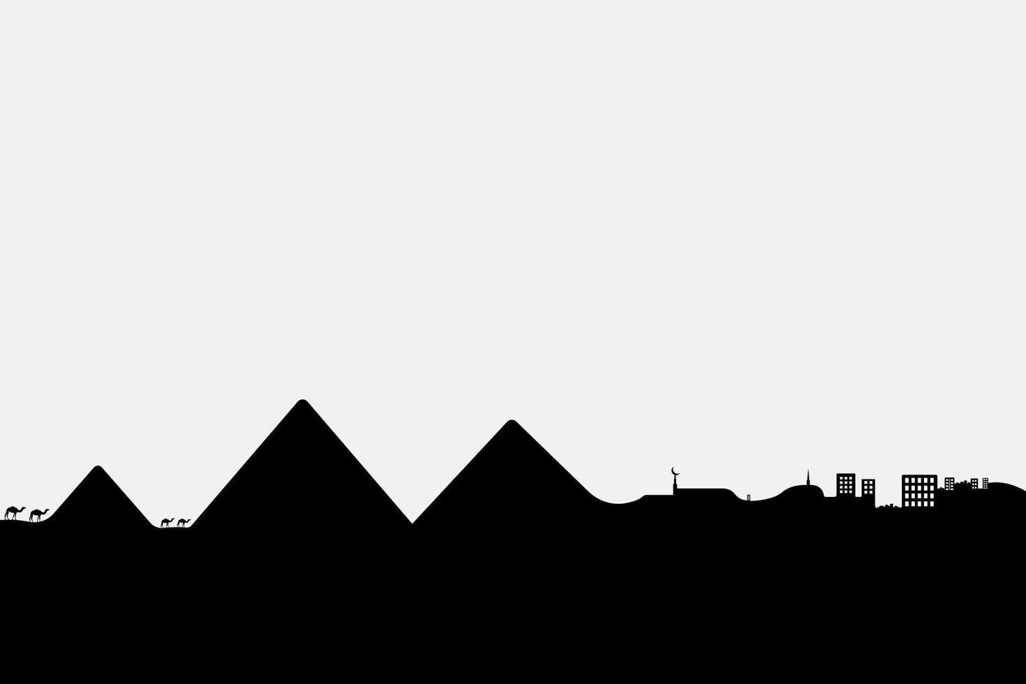 Egyptenaren piramides landschap silhouet, met Gizeh-stad en kamelen op de achtergrond. vector