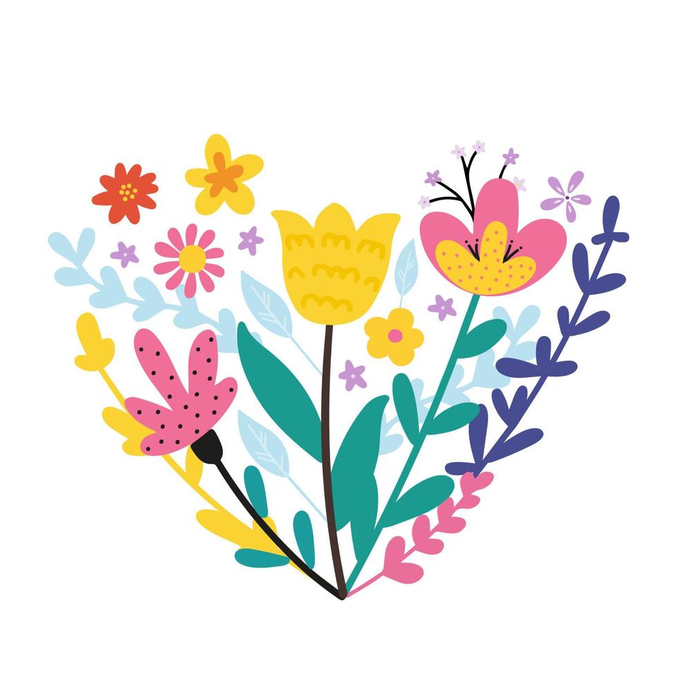 samenstelling van schattige handgetekende bloemen in de vorm van een hart. verzameling van verschillende bloeiende planten met stengels en bladeren. bloemendecoratie of cadeau. bloemen boeketten. vector illustratie