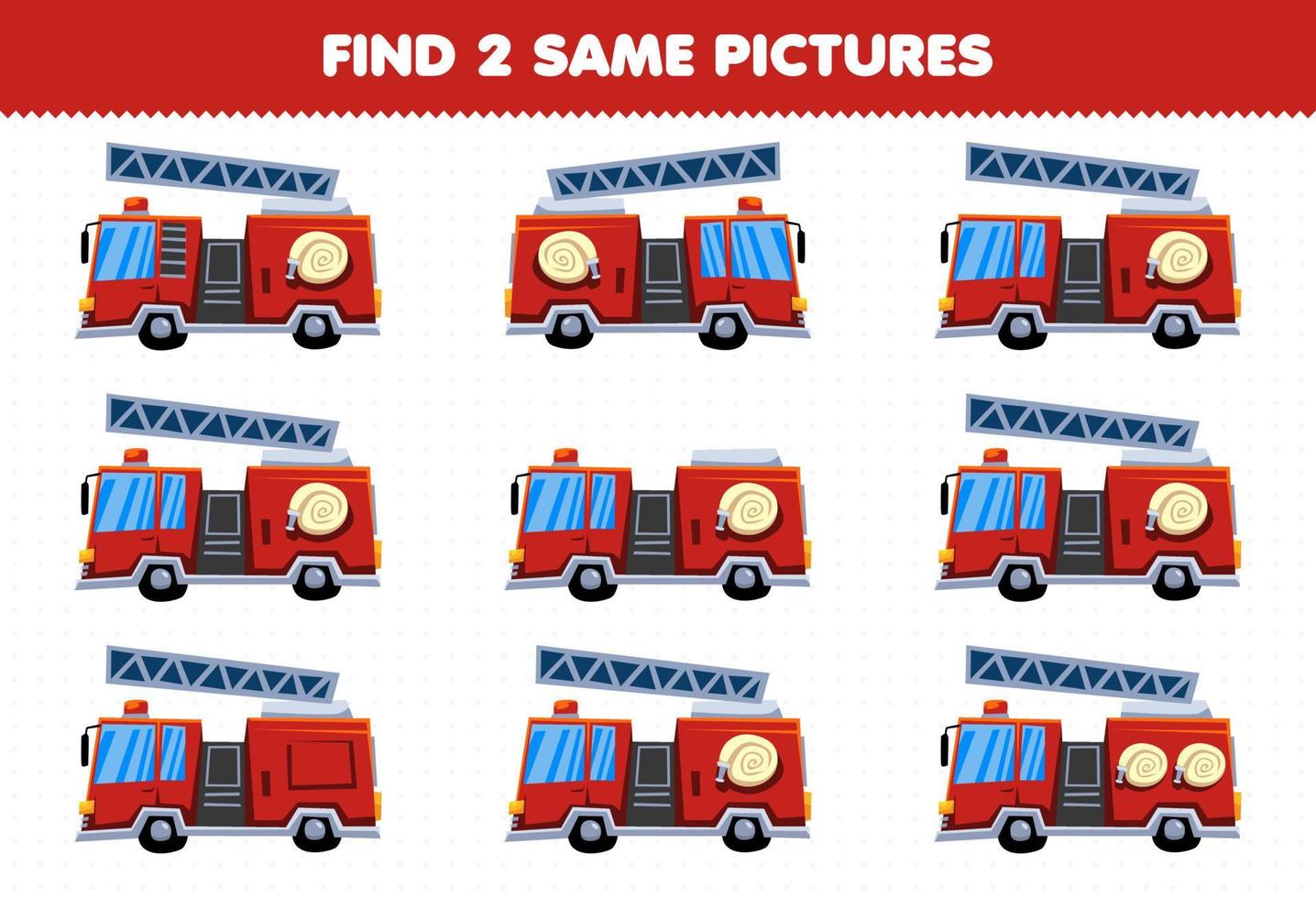 educatief spel voor kinderen vind twee dezelfde foto's transport brandweerwagen vector