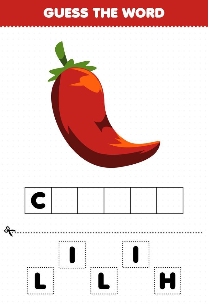educatief spel voor kinderen raad de woordletters die schattige groente chili oefenen vector