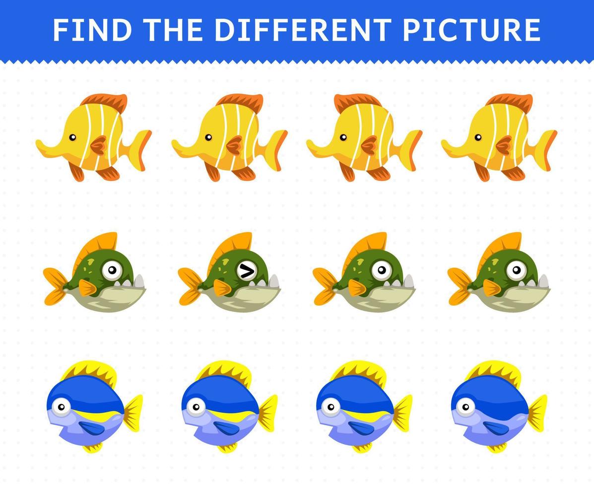educatief spel voor kinderen vind de verschillende afbeeldingen in elke rij schattige cartoonvissen vector