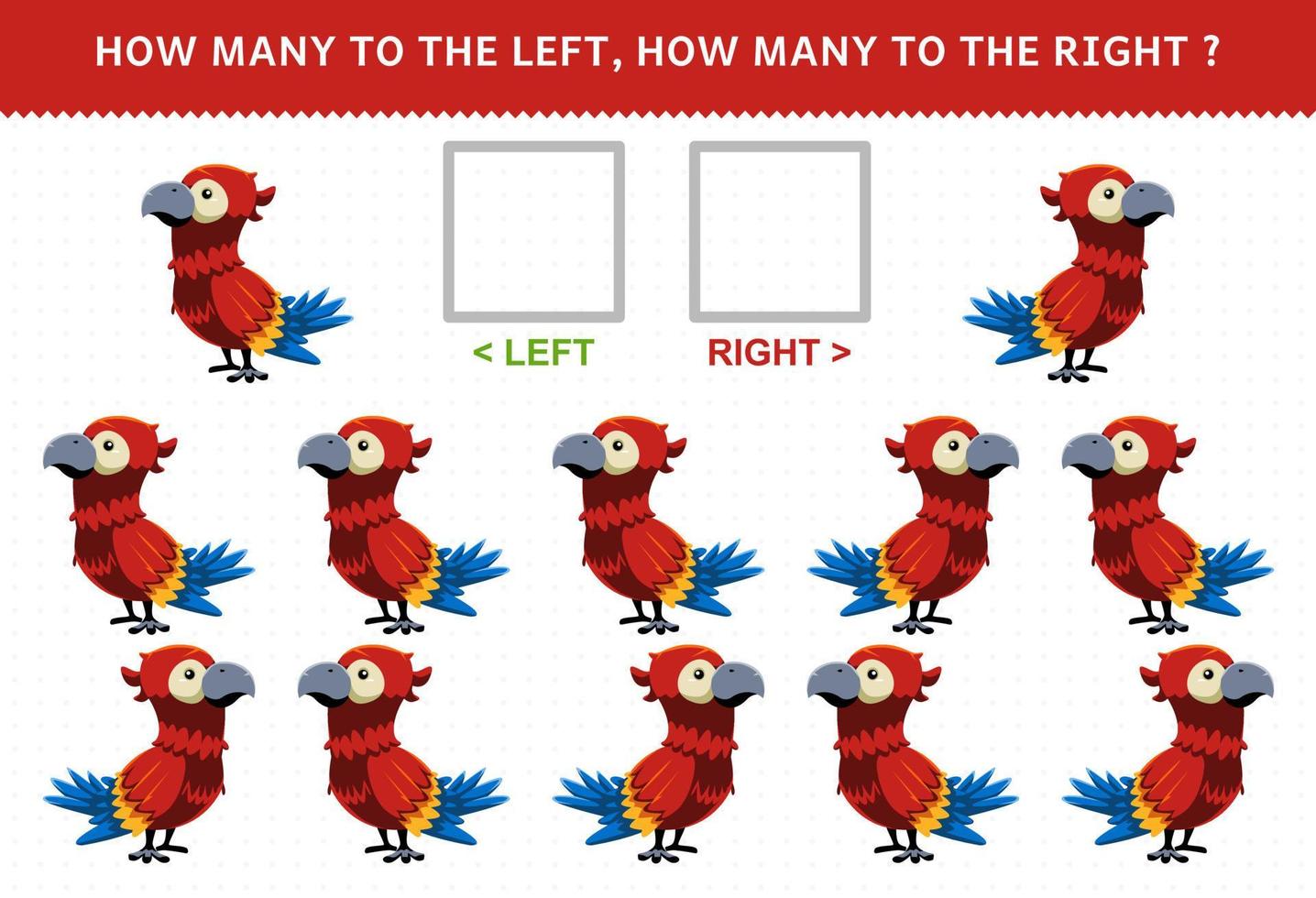 educatief spel voor kinderen hoeveel papegaaien gaan naar links en hoeveel naar rechts vector