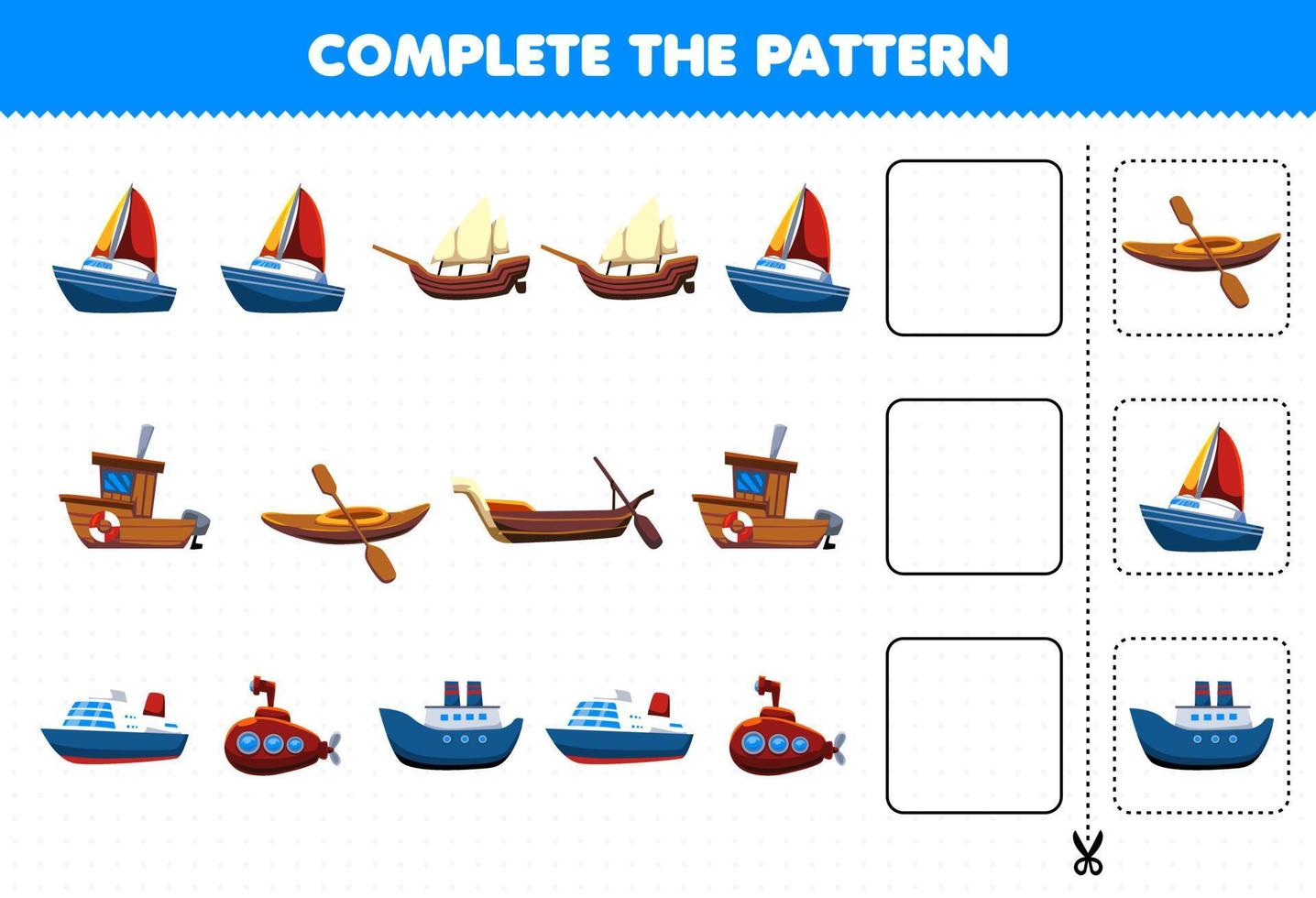 educatief spel voor kinderen voltooi het patroon logisch denken vind de regelmaat en ga door met de rijtaak met vervoer over water vector