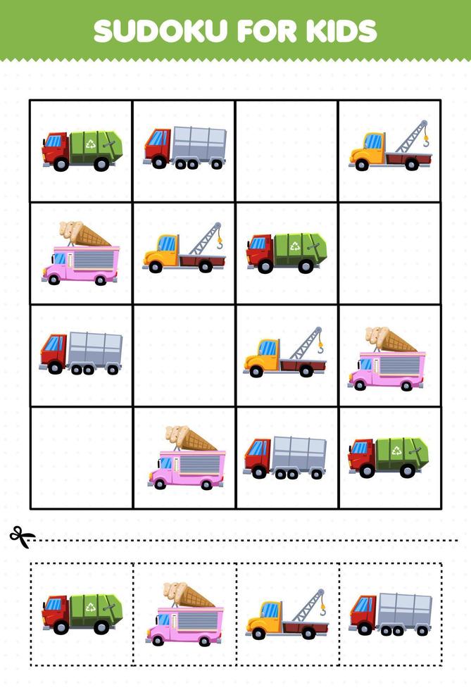 educatief spel voor kinderen sudoku voor kinderen met cartoon vrachtwagen transport foto vector
