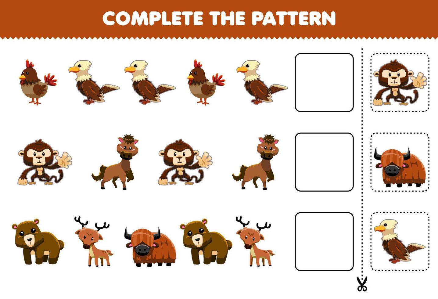 educatief spel voor kinderen voltooi het patroon logisch denken vind de regelmaat en ga door met de rijtaak met een schattig bruin dierlijk karakter vector