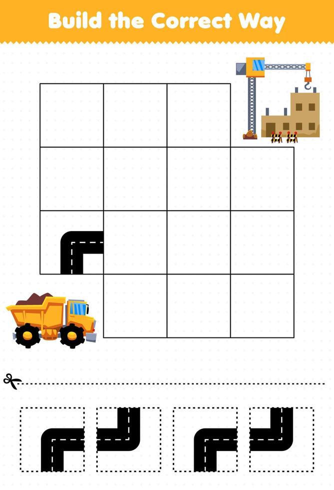 educatief spel voor kinderen bouw op de juiste manier help dump truck naar bouwplaats vector