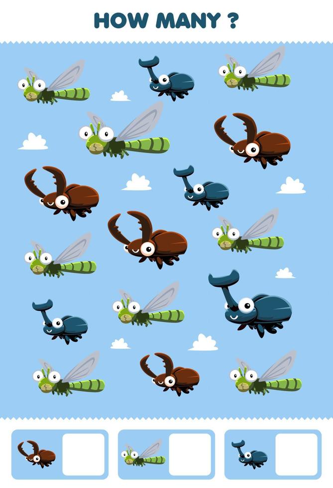 educatief spel voor kinderen die activiteit zoeken en tellen voor de kleuterschool hoeveel schattige insecten dier libel kever bug vector