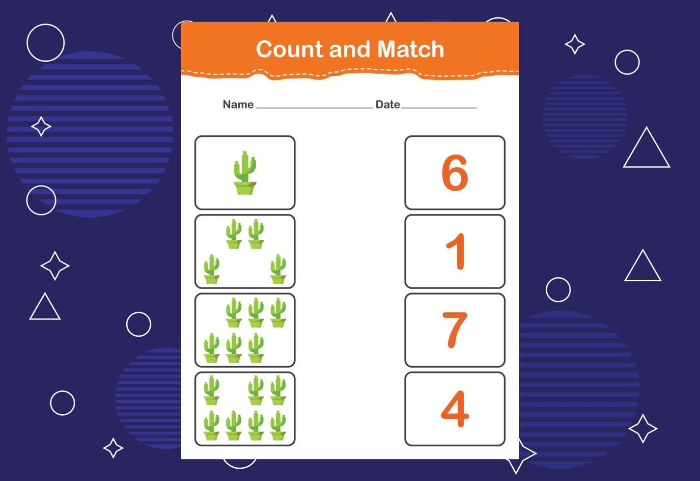 tel en match werkblad voor kinderen. tellen en matchen met het juiste nummer. passend onderwijsspel vector