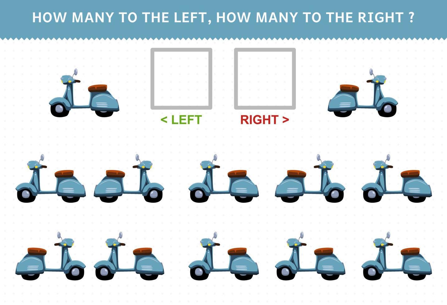 educatief spel voor kinderen van het tellen van linker- en rechterfoto met schattige cartoon scootermotor vector