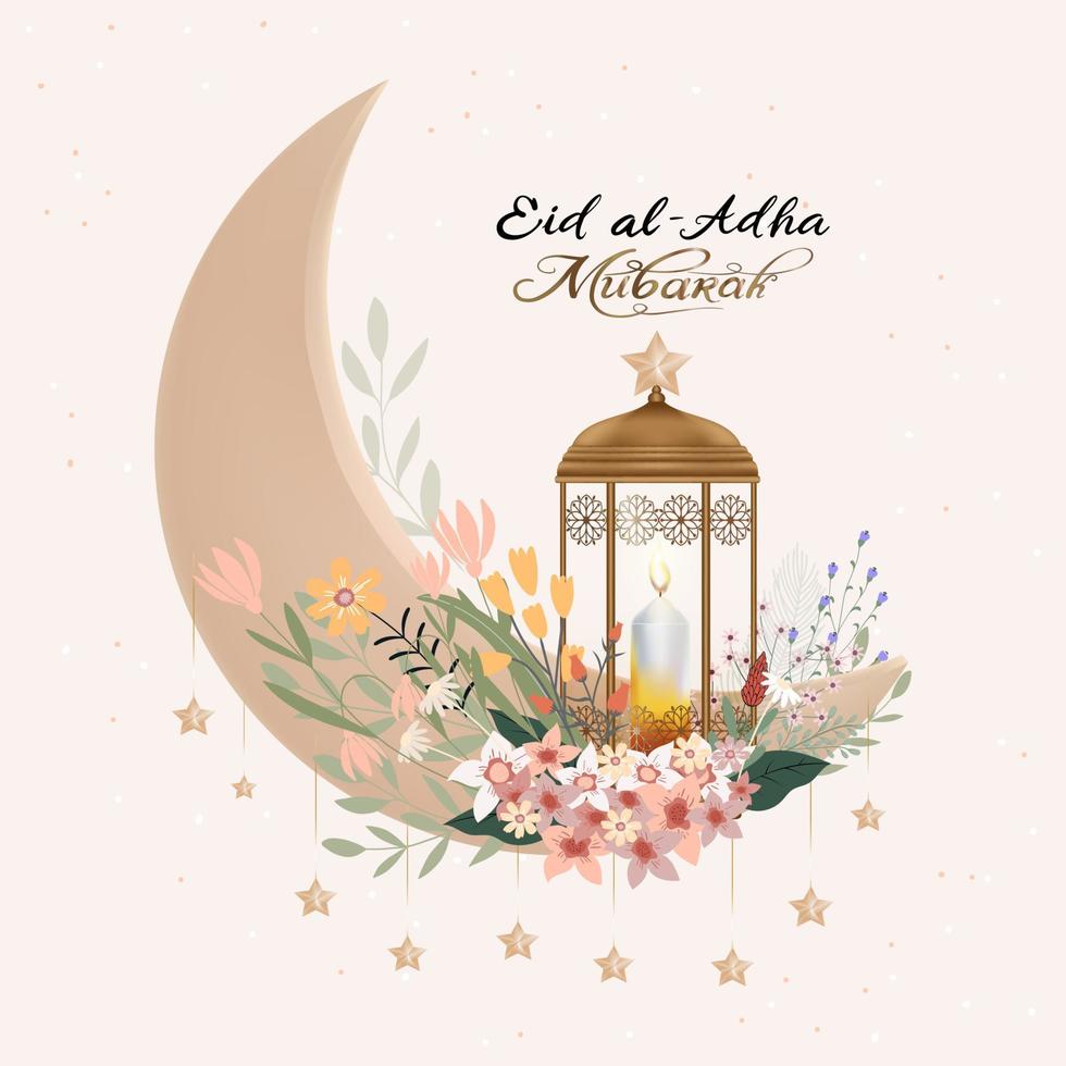 eid al adha mubarak groet ontwerp met wassende maan en ster opknoping op arabische lantaarn, boeket bloem op beige achtergrond, vector kaart van religie van moslim symbolisch voor eid al fitr, ramadan kareem