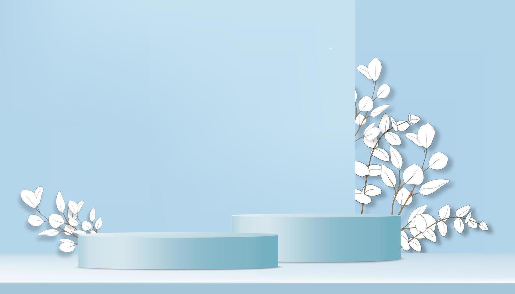 studio kamer met 3d cilinder podium, papier gesneden eucalyptus bladeren op blauwe muur achtergrond, vector illustratie achtergrond banner voor productpresentatie, promotie, mockup op lente of zomer verkoop