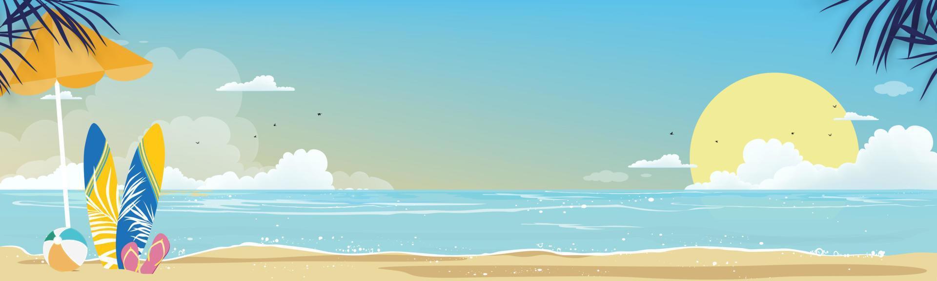 zeegezicht van blauwe oceaan en kokospalm op eiland, horizontaal zeestrand, zand met blauwe lucht en pluizige wolk, vectorillustratie prachtige natuur van landschap aan zee voor zomervakantie achtergrond vector