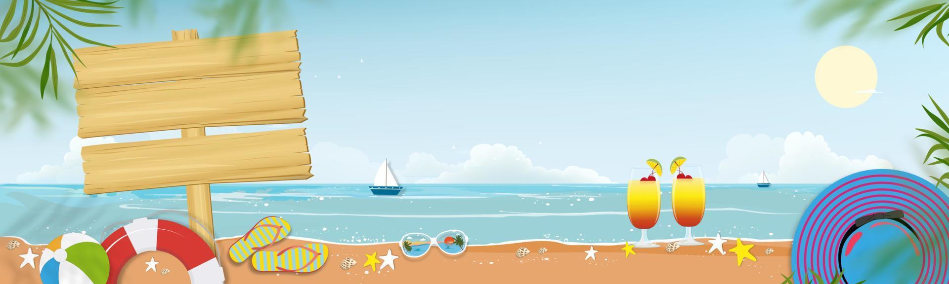 zomer achtergrond met houten bord op zee strand, blauwe lucht, wolk op zonnige dag, vector horizontale vakantie vakantie thema met zeegezicht van uitzicht op de oceaan en kokospalm blad op grens