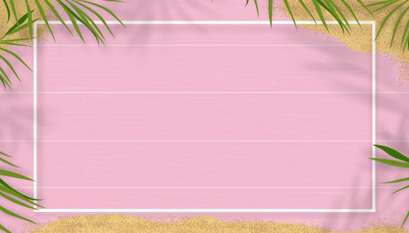 Hallo zomer met groene natuur tropisch palmblad met schaduw op roze houten achtergrond voor reizen, vakantie concept.top view zomer banner achtergrond met kopie ruimte voor addvertise, verkoop promotie vector
