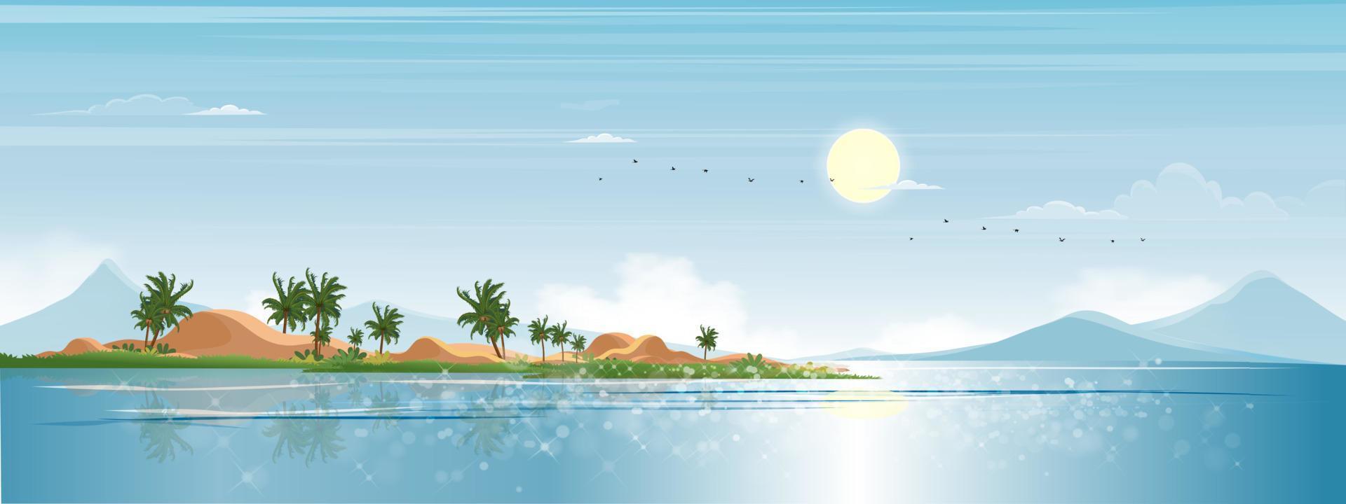 zeegezicht blauwe oceaan, kokospalm op eiland in zonnige dag lente, achtergrond zee strand landschap met lucht en wolken in de ochtend, vector prachtige natuur kust voor zomer vakantie achtergrond