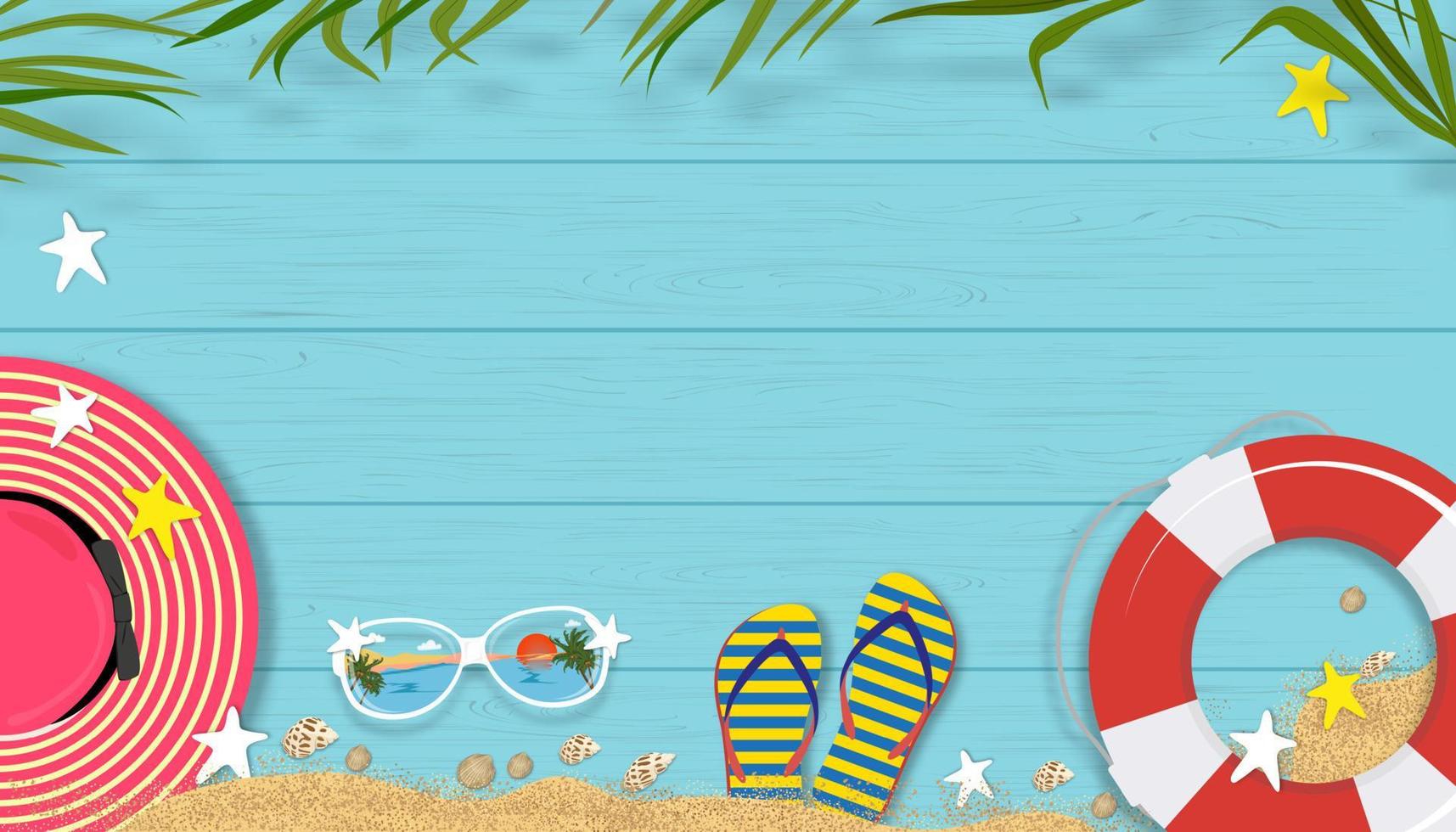 zomer achtergrond met strand vakantie vakantie thema met kopie ruimte op blauwe houten paneel, vector horizon banner plat lag tropische zomer ontwerp met kokospalm bladeren grens op houten plank textuur