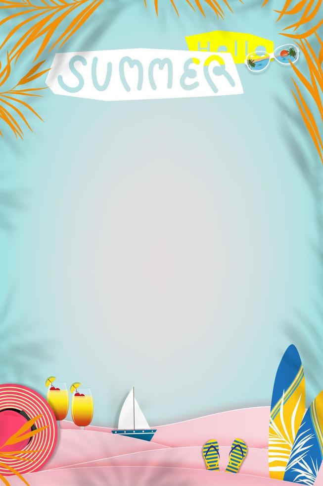 zomer achtergrond strand vakantie vakantie thema in roze golflaag op zee blauw, vector illustratie verticale banner papier gesneden tropische zomer ontwerpelementen, palmblad, sandaal, voetafdruk op zandstrand